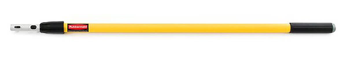 Close-up side view of yellow Hygen telescoping handle featuring Rubbermaid label, black grip, and silver quick-connect attachment end.