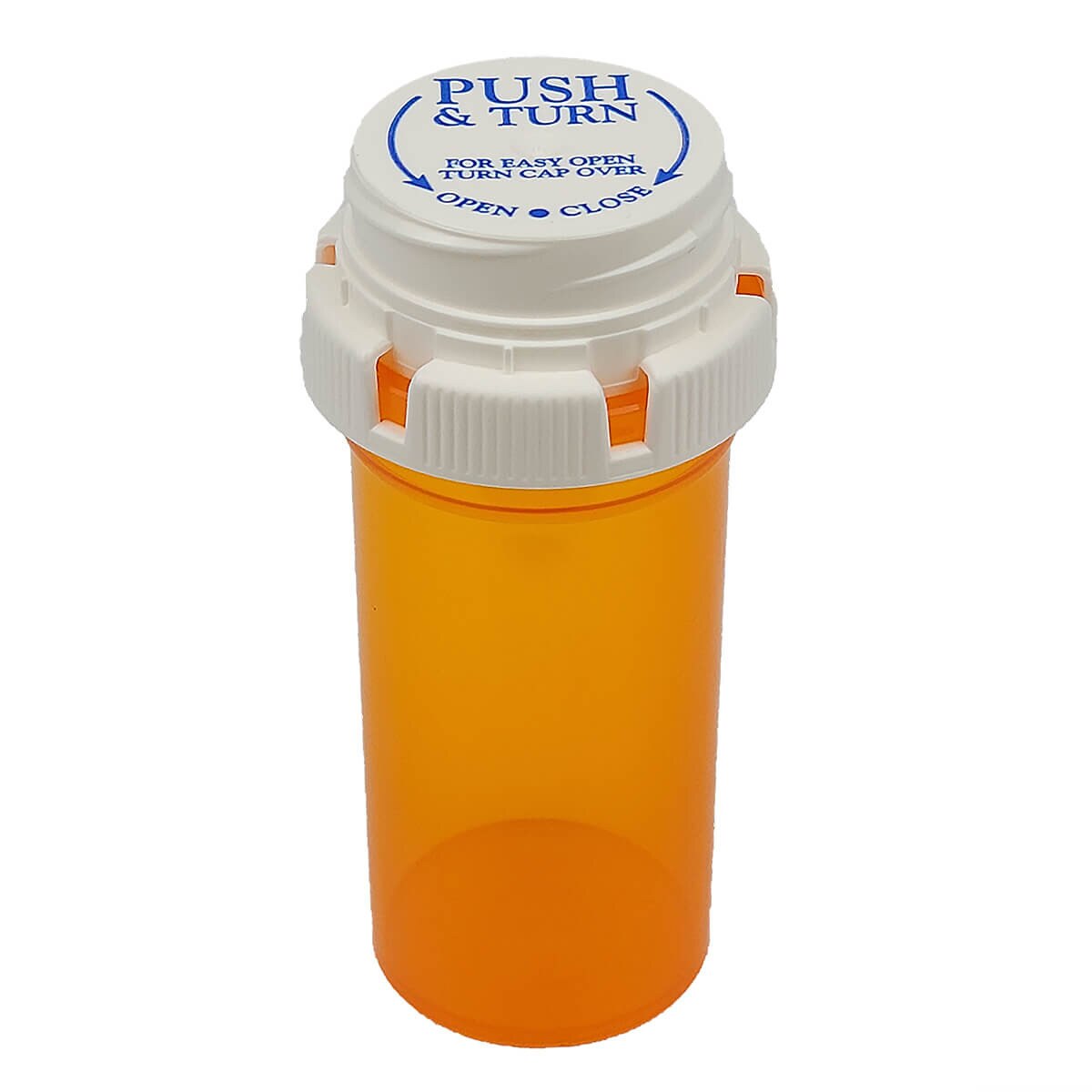 Strata 16-dram amber prescription vial with a white push-tab reversible child-resistant cap