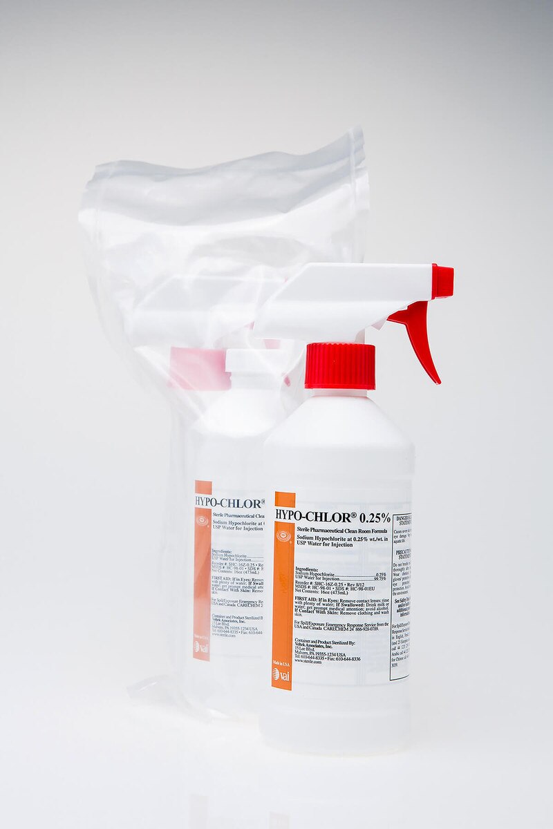 HYPO-CHLOR 0.25% 16oz spray bottles shown together with one sealed and one unbagged