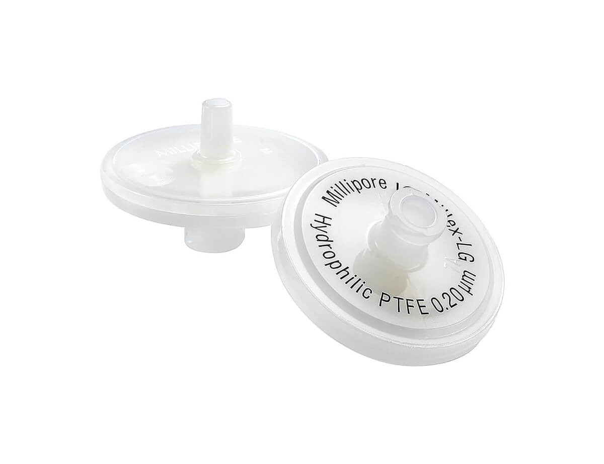 MilliporeSigma Millex-LG 25 mm hydrophilic PTFE 0.2 micron sterile syringe filters, front and back views