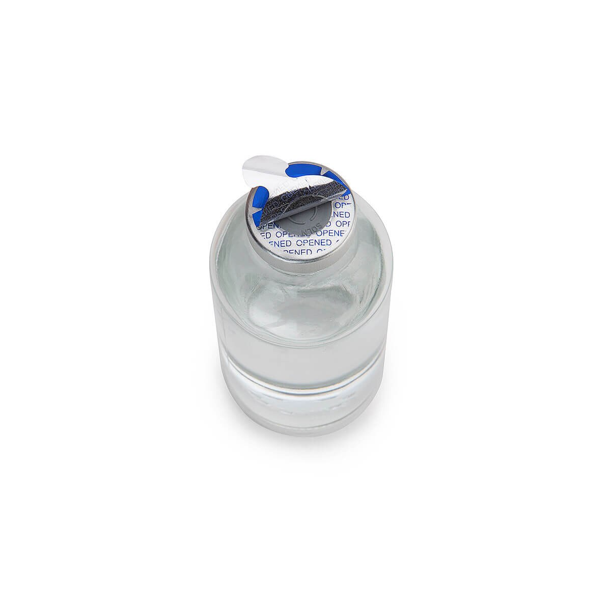 Partially removed Steri-Tamp 28 mm vial seal revealing the OPENED security message
