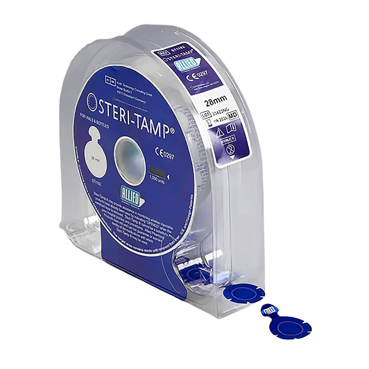 Steri-Tamp 28 mm blue vial seals in a sterile roll dispenser