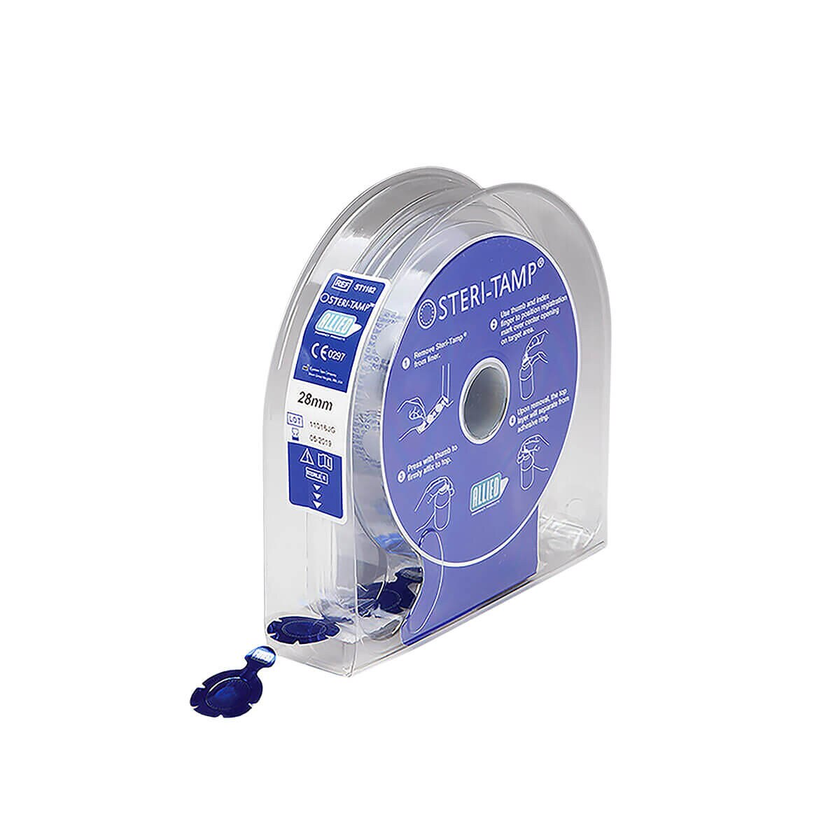 Steri-Tamp 28 mm vial-seal dispenser with application instructions