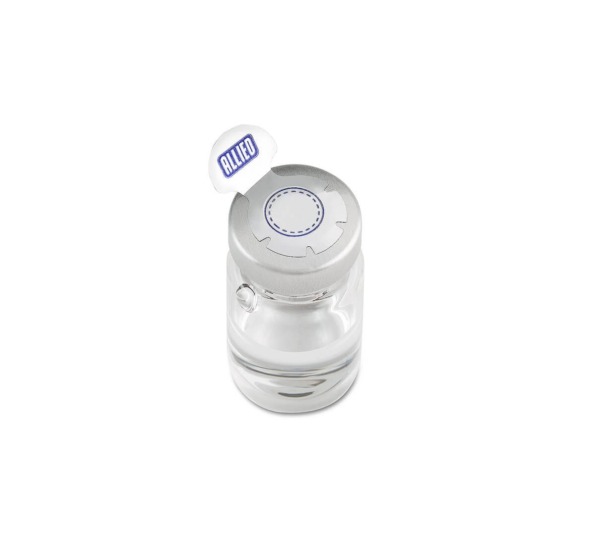 Steri-Tamp 20 mm silver tamper-evident seal applied to a medication vial
