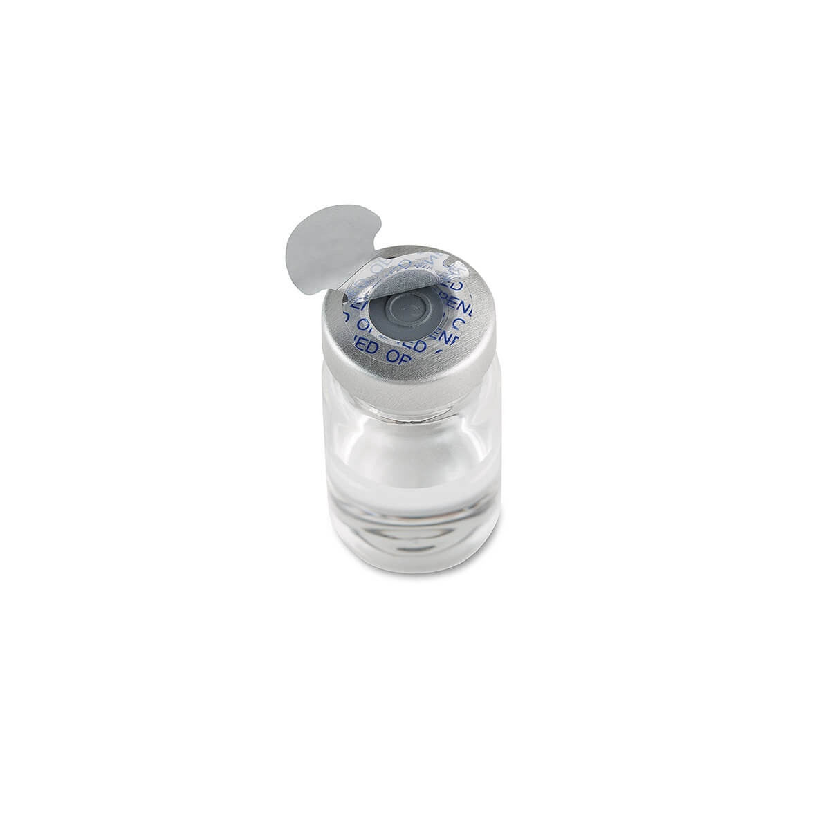Partially removed Steri-Tamp 20 mm vial seal revealing the OPENED security message