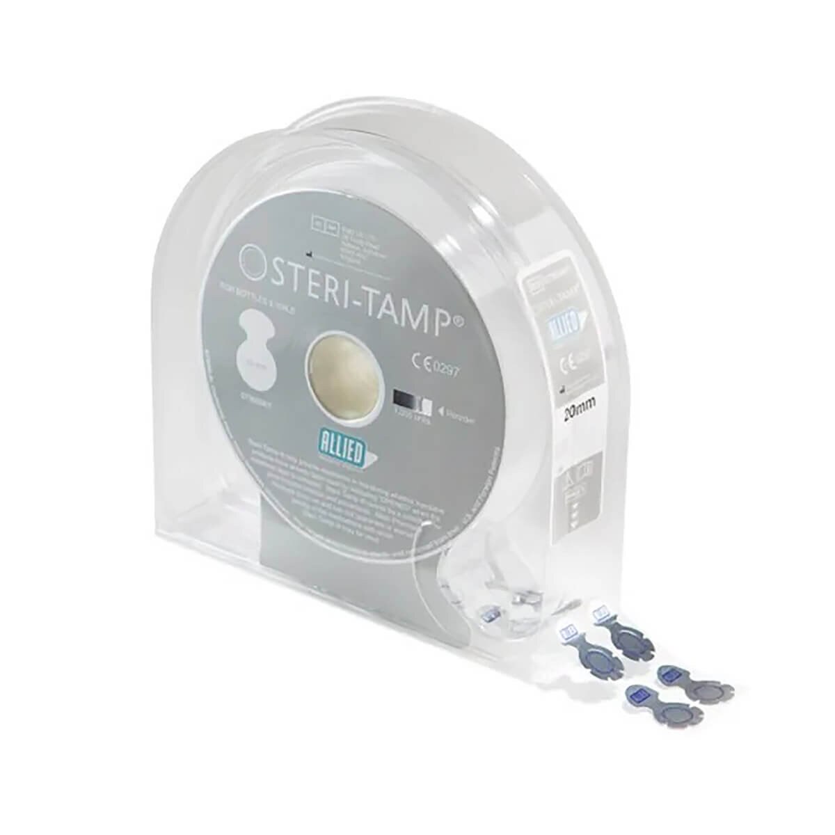 Steri-Tamp 20 mm silver vial seals in a sterile roll dispenser