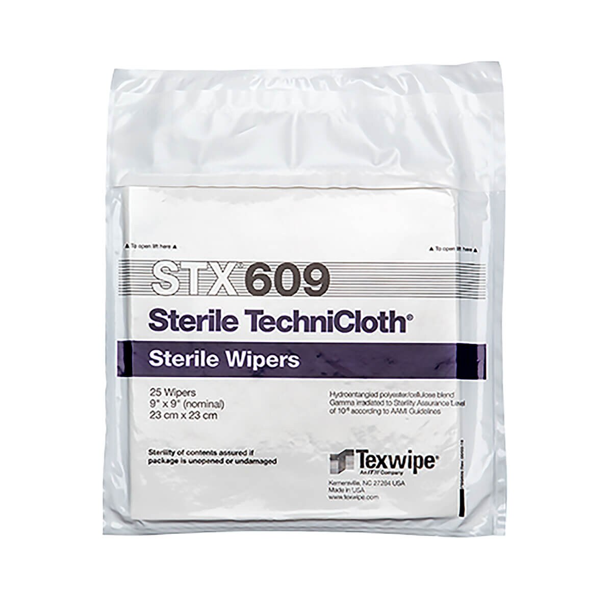 Sterile TechniCloth package showing sealed clear pouch containing labeled STX609 9x9 sterile dry blend wipes with purple header bar and Texwipe branding.