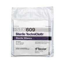 Sterile TechniCloth package showing sealed clear pouch containing labeled STX609 9x9 sterile dry blend wipes with purple header bar and Texwipe branding.