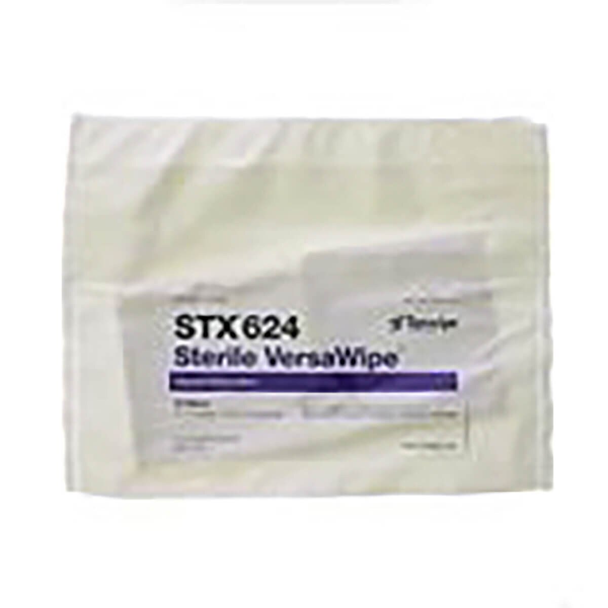 Sterile VersaWipe package showing white sealed pouch with purple product label STX624 indicating 4x4 sterile dry blend wipes inside