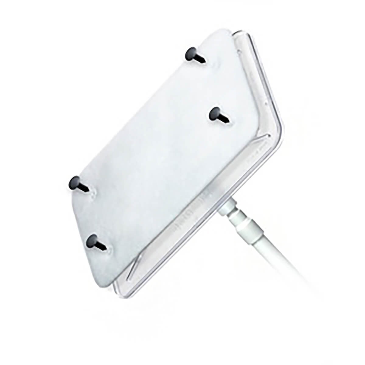 Close-up of AlphaMop head with white polyester pad secured by four black fasteners, attached to a white handle.