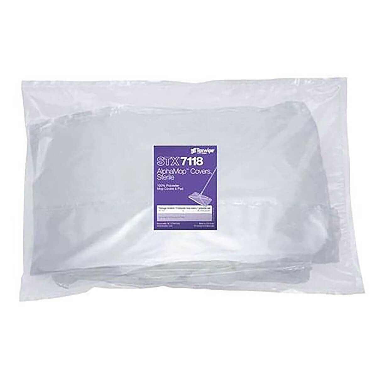 Clear bag containing AlphaMop polyester mop covers and pads, with a purple Texwipe label centered on the packaging.