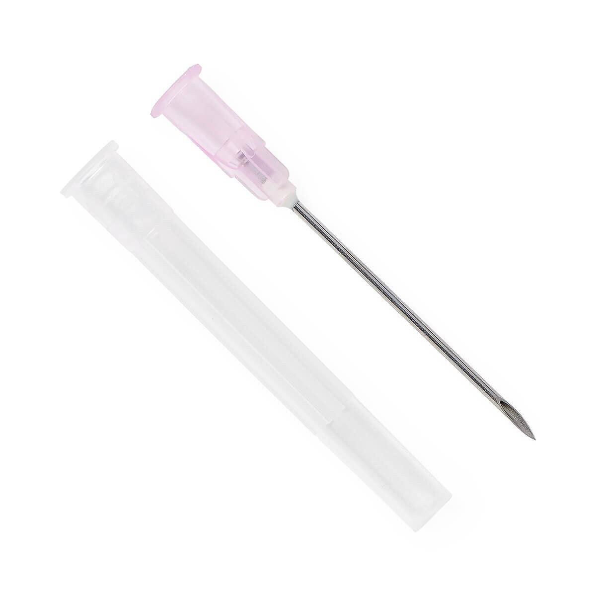 Medline 18 G × 1 1/2-inch standard hypodermic needle with pink hub displayed beside its clear protective cap