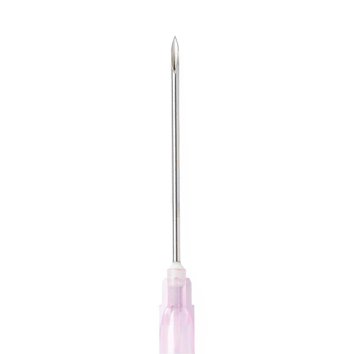 Multiple close-up views of the Medline 18 G × 1 1/2-inch hypodermic needle, regular bevel and pink color-coded hub