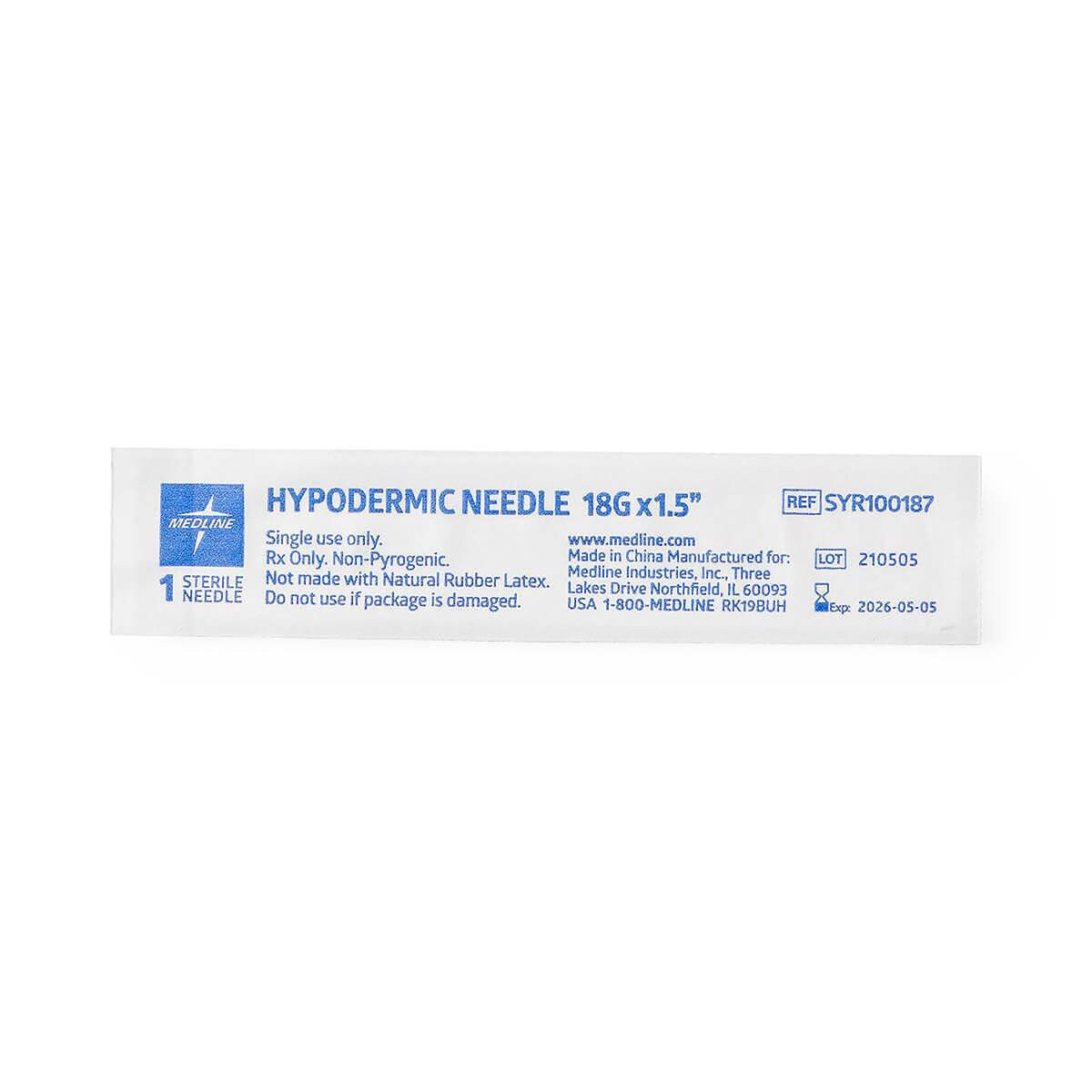 Individual sterile package for a Medline 18 G × 1 1/2-inch standard hypodermic needle