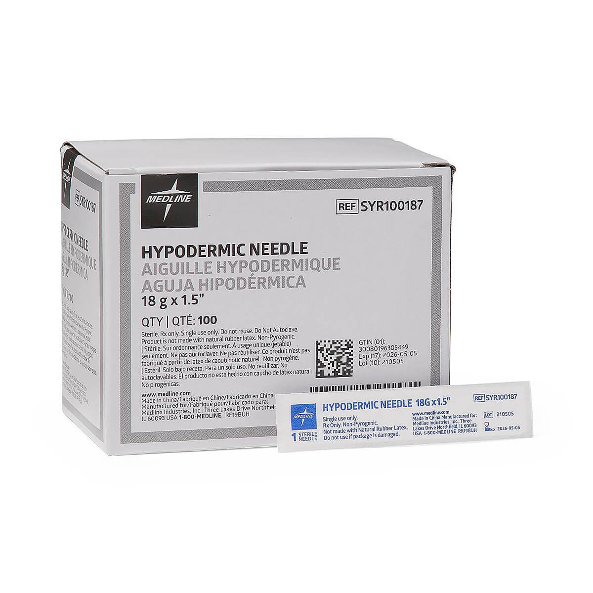 Medline 18 G × 1 1/2-inch standard hypodermic needle package displayed beside the 100-count box