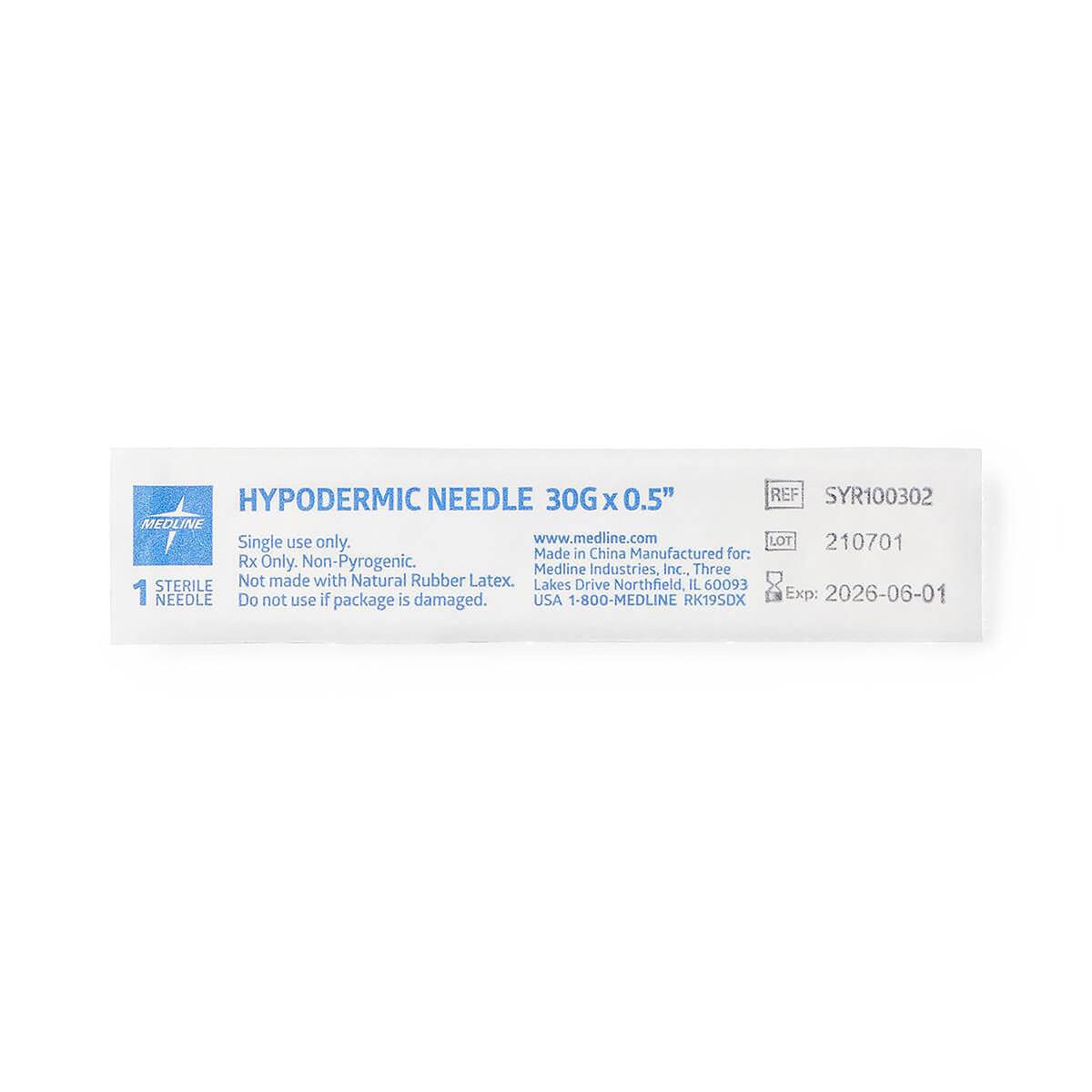 Individually packaged Medline sterile 30G × 1/2-inch standard hypodermic needle, SKU SYR100302