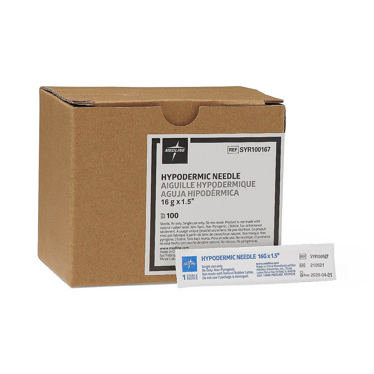 Medline 16 G × 1 1/2-inch standard hypodermic needle box with an individual sterile needle package