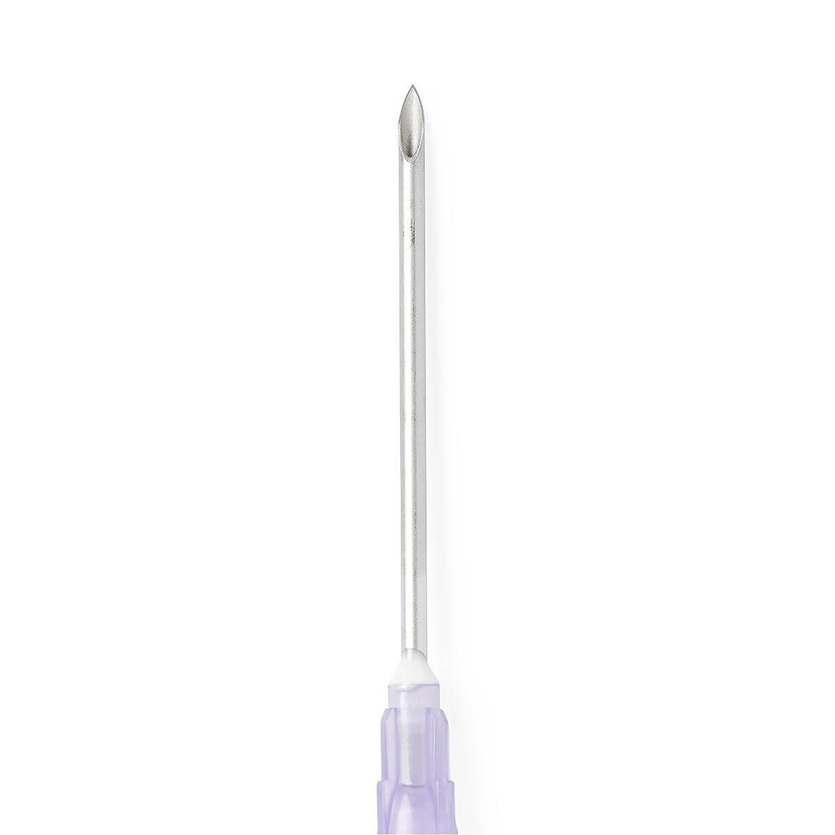 Close-up views of the Medline 16 G × 1 1/2-inch hypodermic needle, regular bevel and purple hub
