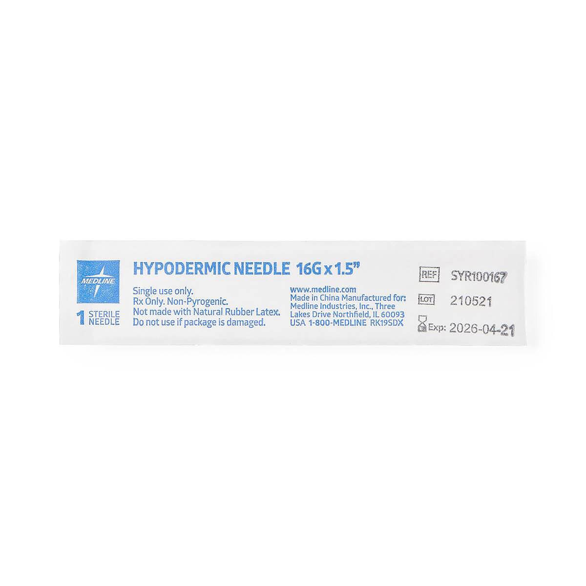 Individual sterile package for a Medline 16 G × 1 1/2-inch standard hypodermic needle