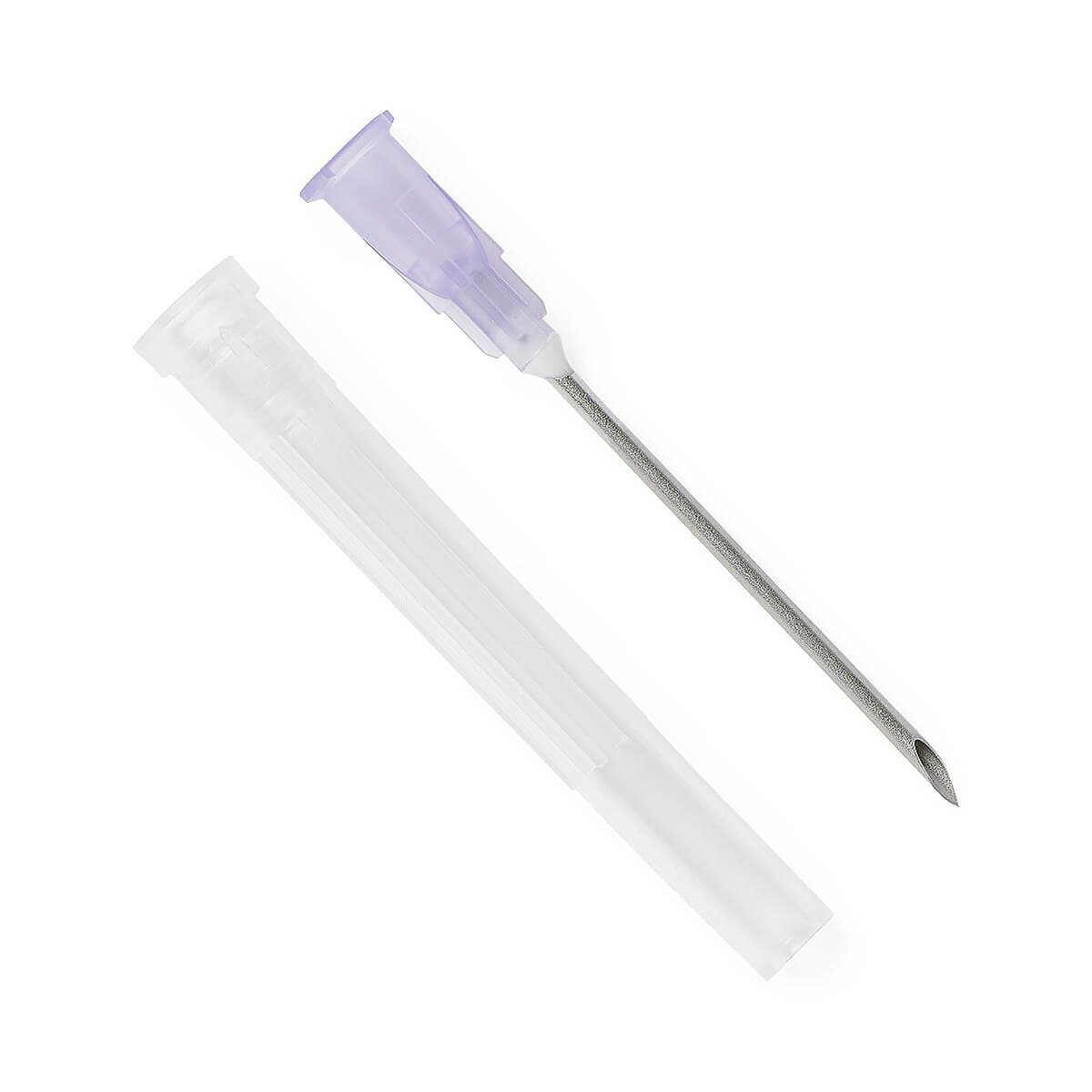 Medline 16 G × 1 1/2-inch hypodermic needle with purple hub displayed beside its clear protective cap