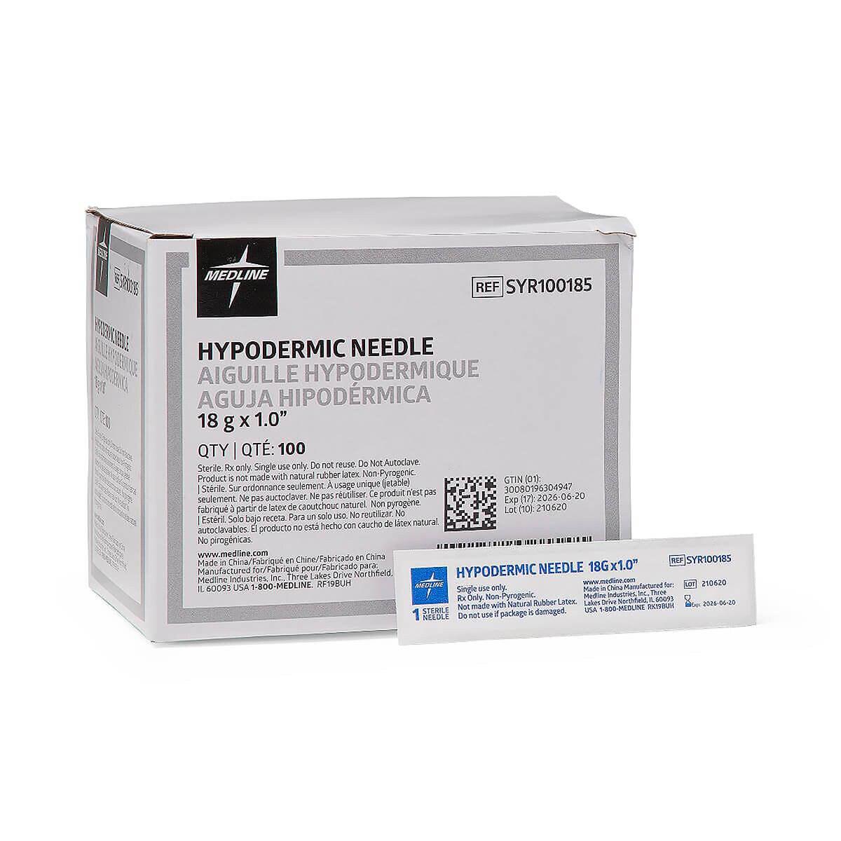 Medline 18 G × 1-inch standard hypodermic needle box with an individual sterile needle package