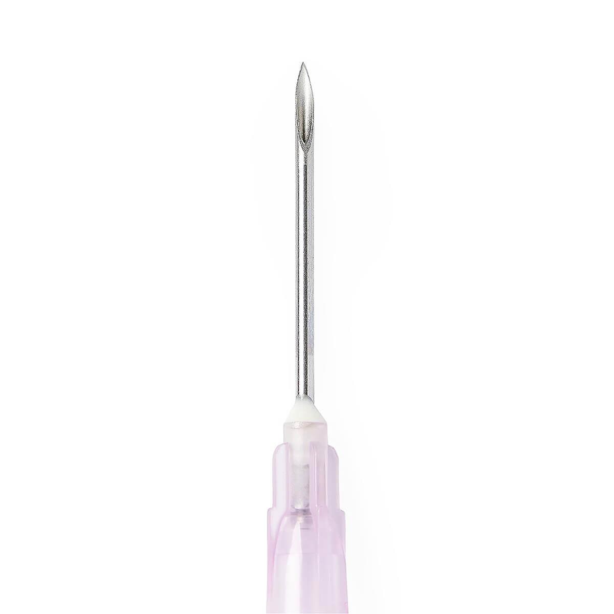 Close-up views of the Medline 18 G × 1-inch hypodermic needle, regular bevel and pink color-coded hub
