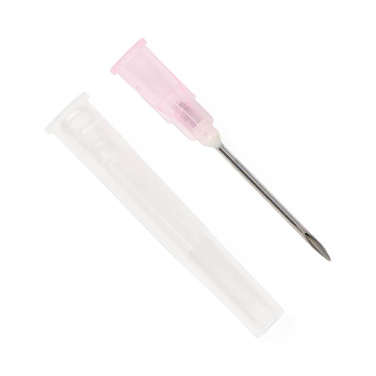 Medline 18 G × 1-inch hypodermic needle with pink hub displayed beside its clear protective cap