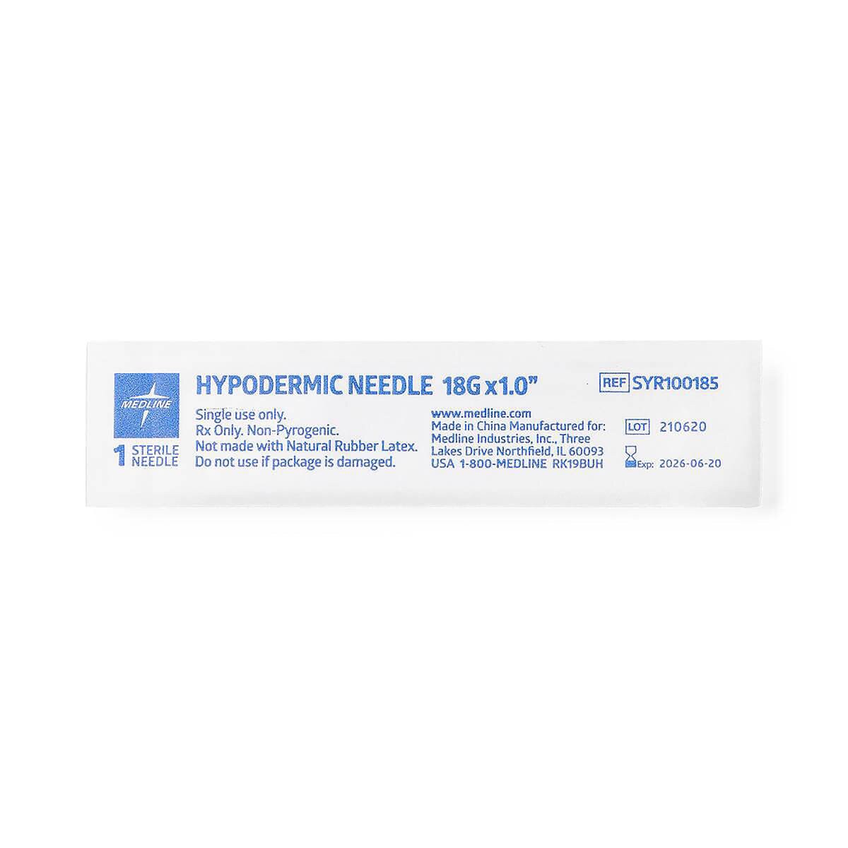 Individual sterile package for a Medline 18 G × 1-inch standard hypodermic needle