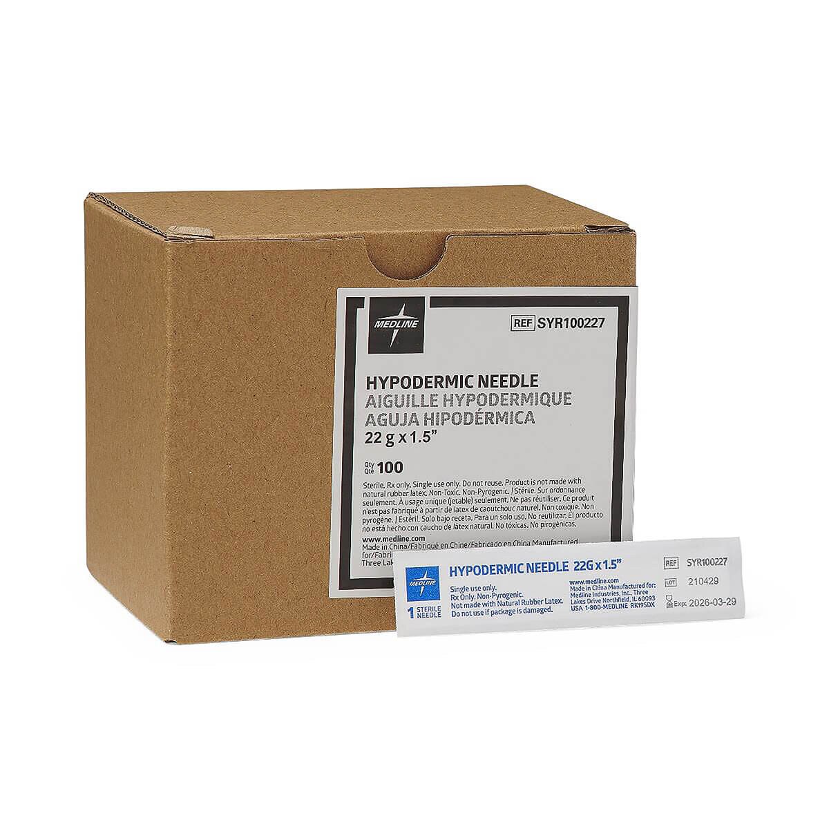Medline 22 G × 1 1/2-inch standard hypodermic needle box with an individual sterile needle package