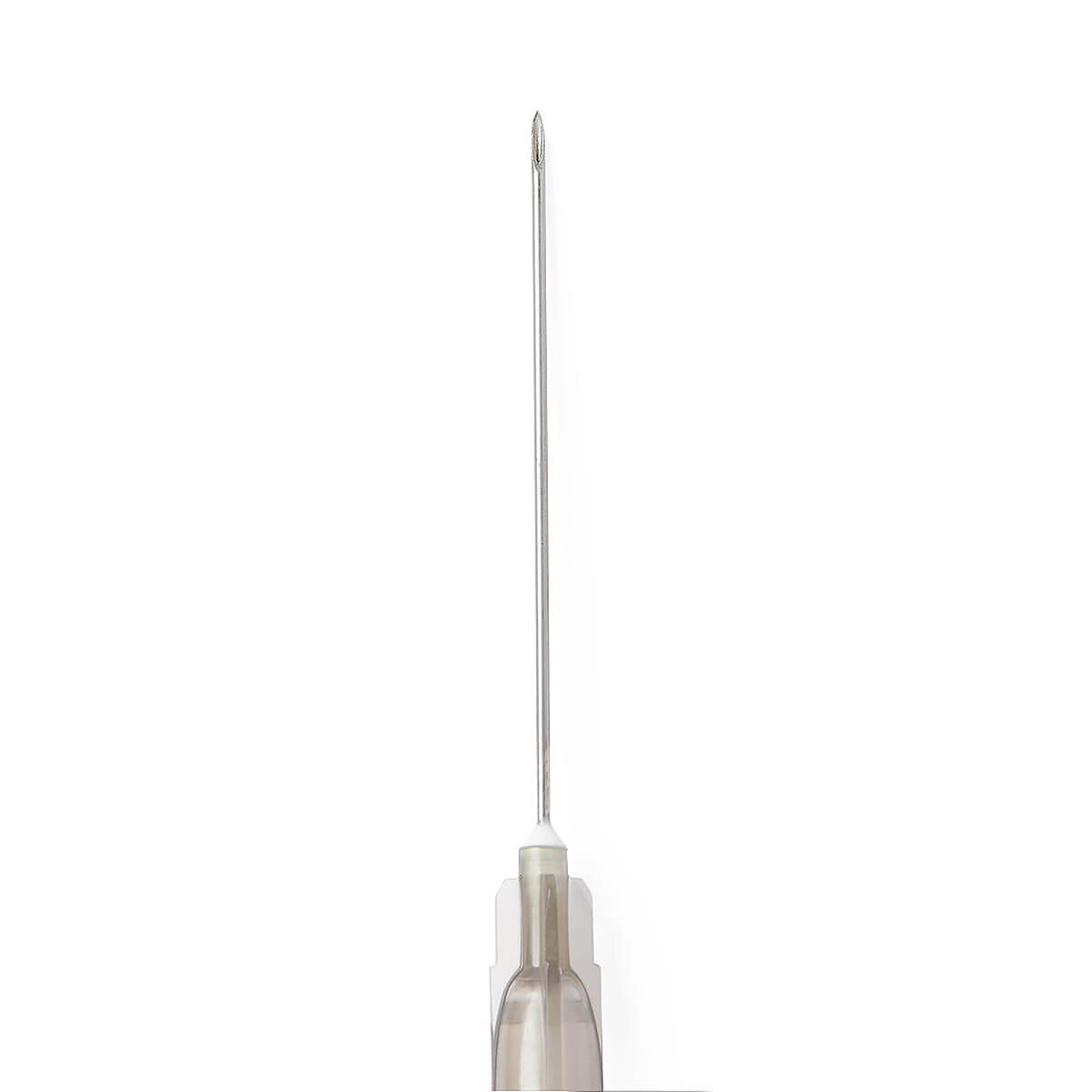 Close-up views of the Medline 22 G × 1 1/2-inch hypodermic needle, regular bevel and gray hub