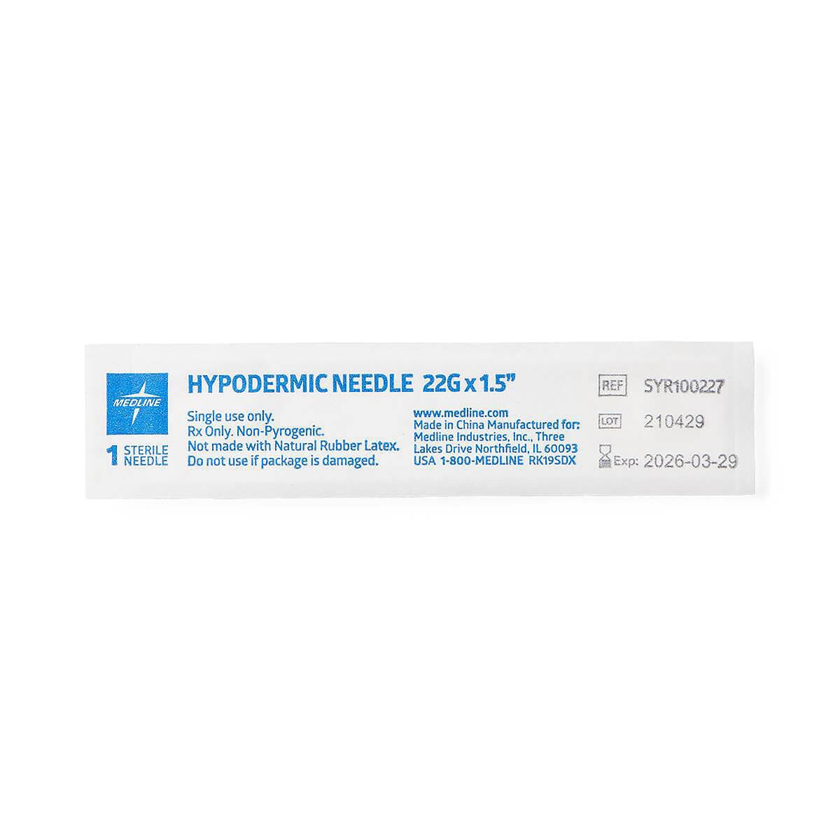Individual sterile package for a Medline 22 G × 1 1/2-inch standard hypodermic needle