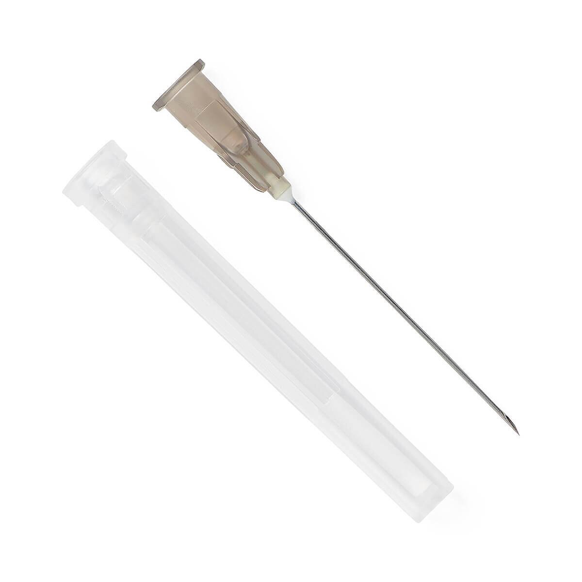 Medline 22 G × 1 1/2-inch hypodermic needle with gray hub displayed beside its clear protective cap