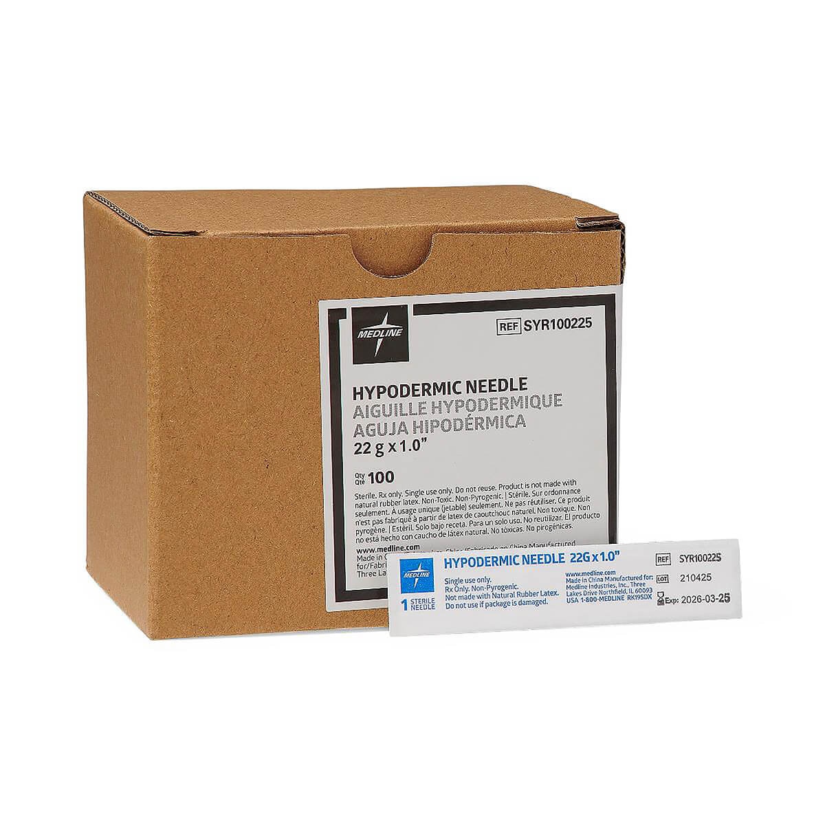 Medline 22 G × 1-inch standard hypodermic needle box with an individual sterile needle package