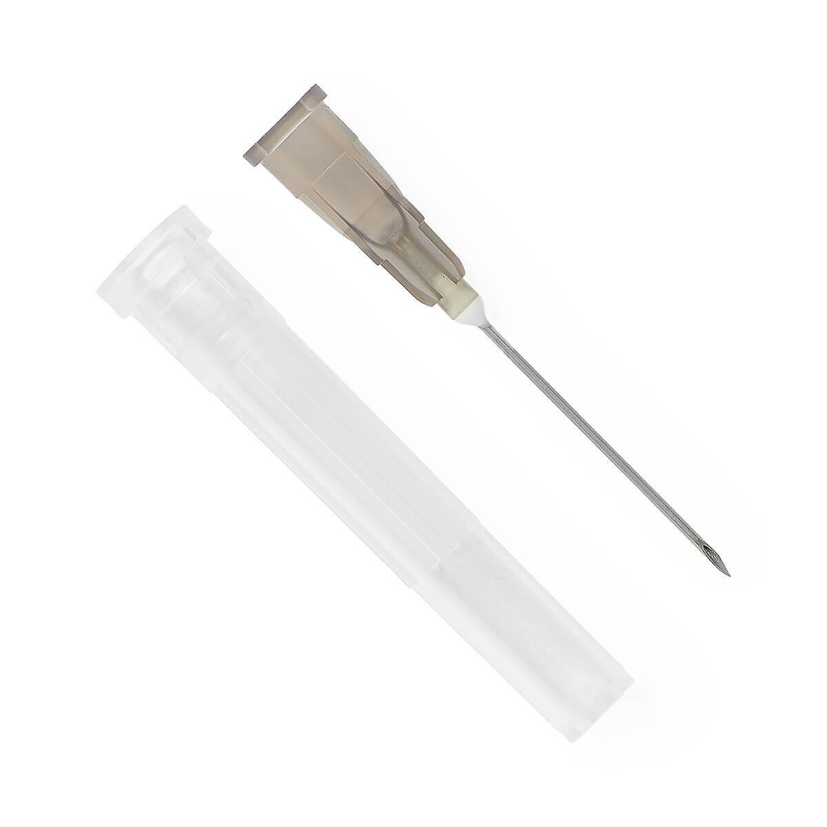 Medline 22 G × 1-inch hypodermic needle with gray hub displayed beside its clear protective cap