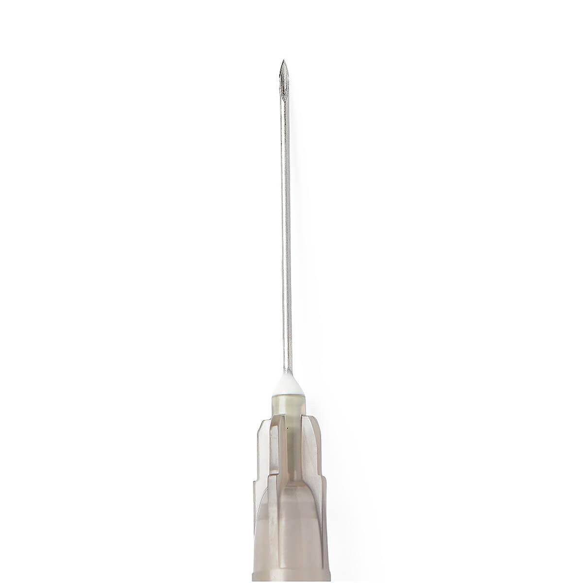 Front close-up of a Medline 22 G × 1-inch hypodermic needle with regular bevel and gray hub