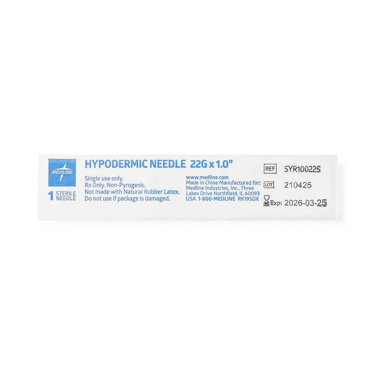 Individual sterile package for a Medline 22 G × 1-inch standard hypodermic needle