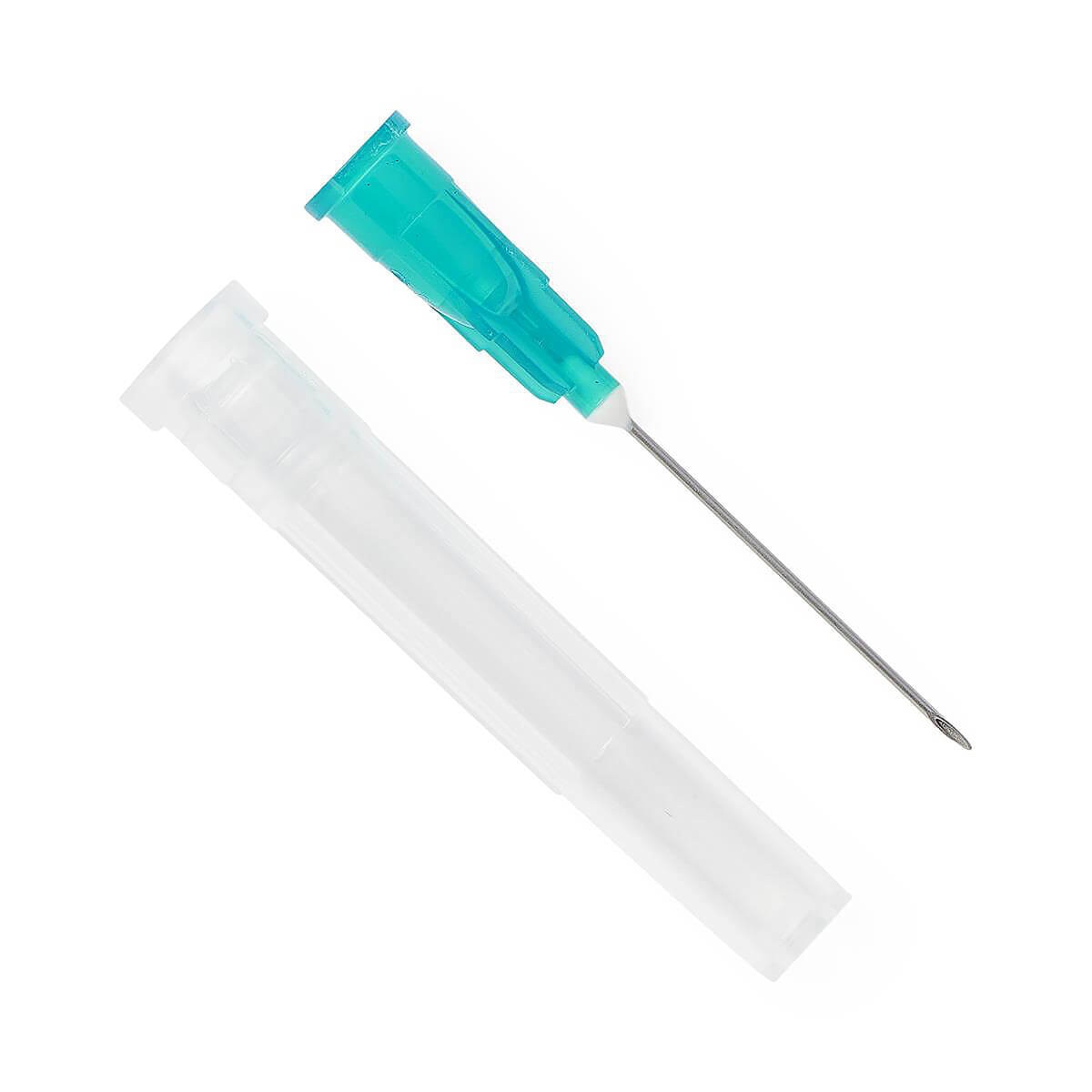 Medline 23 G × 1-inch hypodermic needle with teal hub displayed beside its clear protective cap