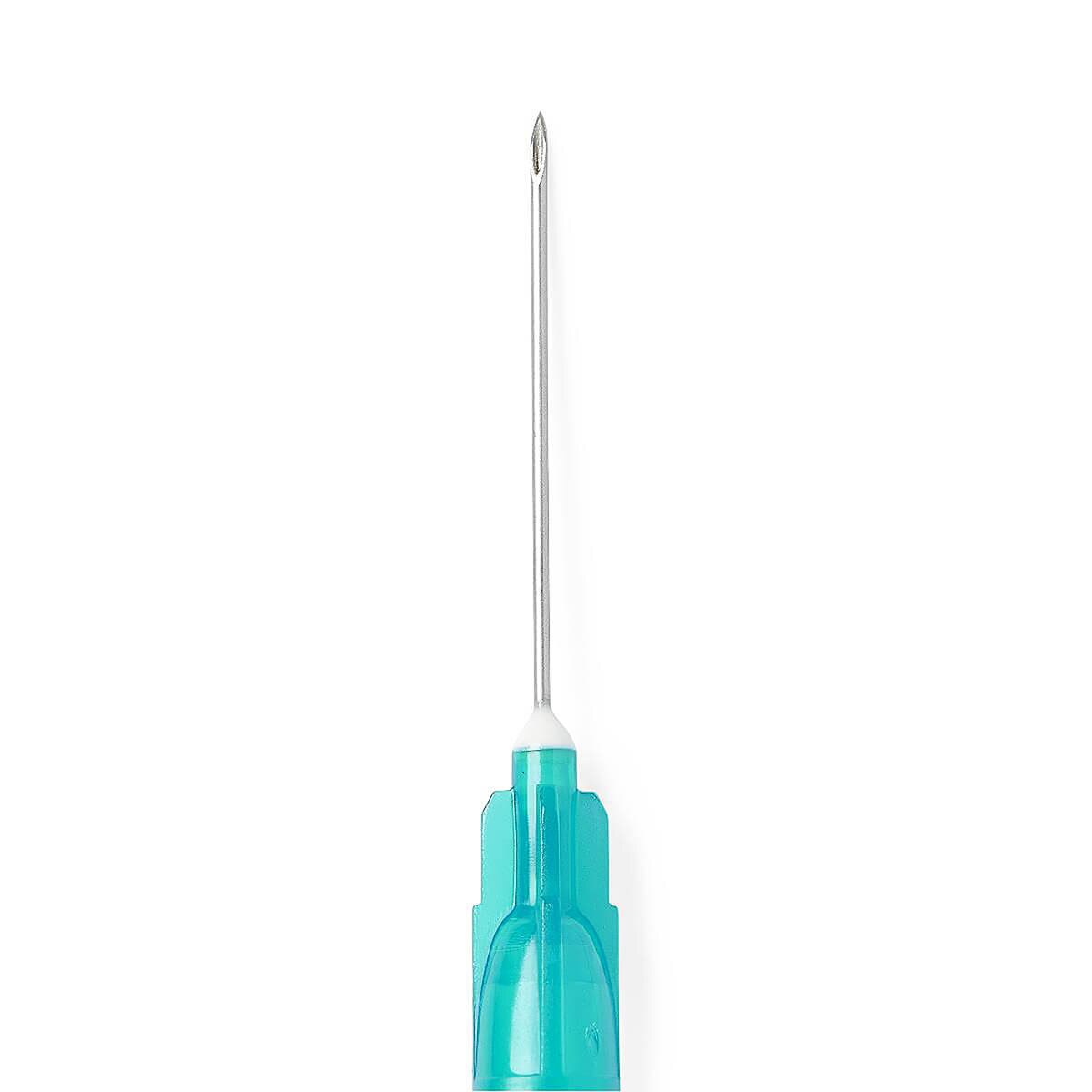 Front close-up of a Medline 23 G × 1-inch hypodermic needle with regular bevel and teal hub