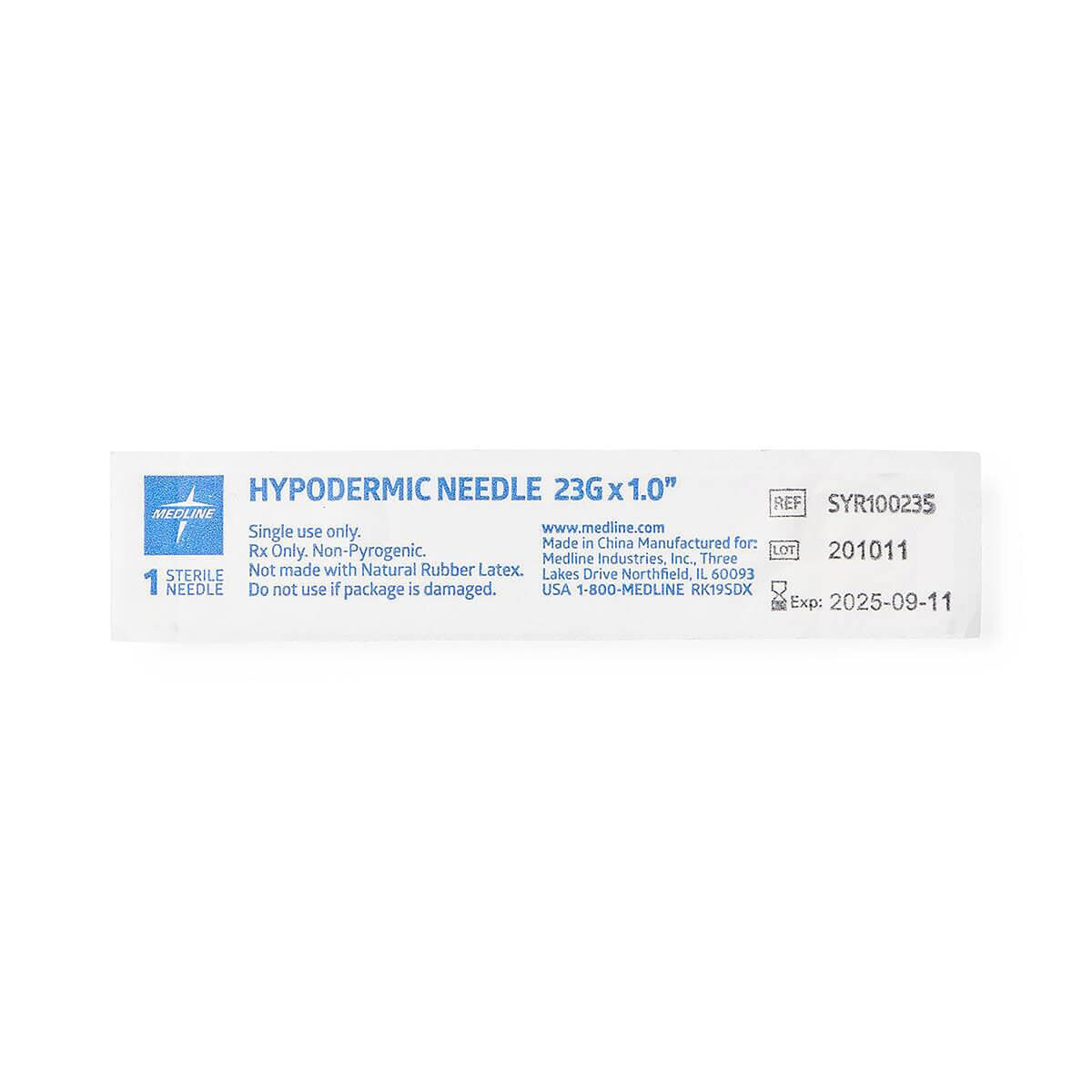 Individual sterile package for a Medline 23 G × 1-inch standard hypodermic needle
