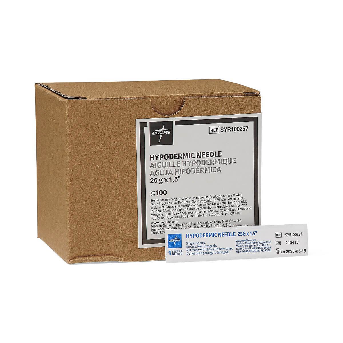 Medline 25 G × 1 1/2-inch standard hypodermic needle box with an individual sterile needle package