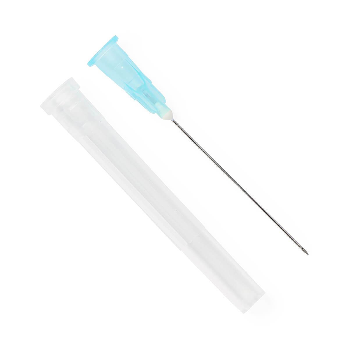 Medline 25 G × 1 1/2-inch hypodermic needle with light blue hub displayed beside its clear protective cap