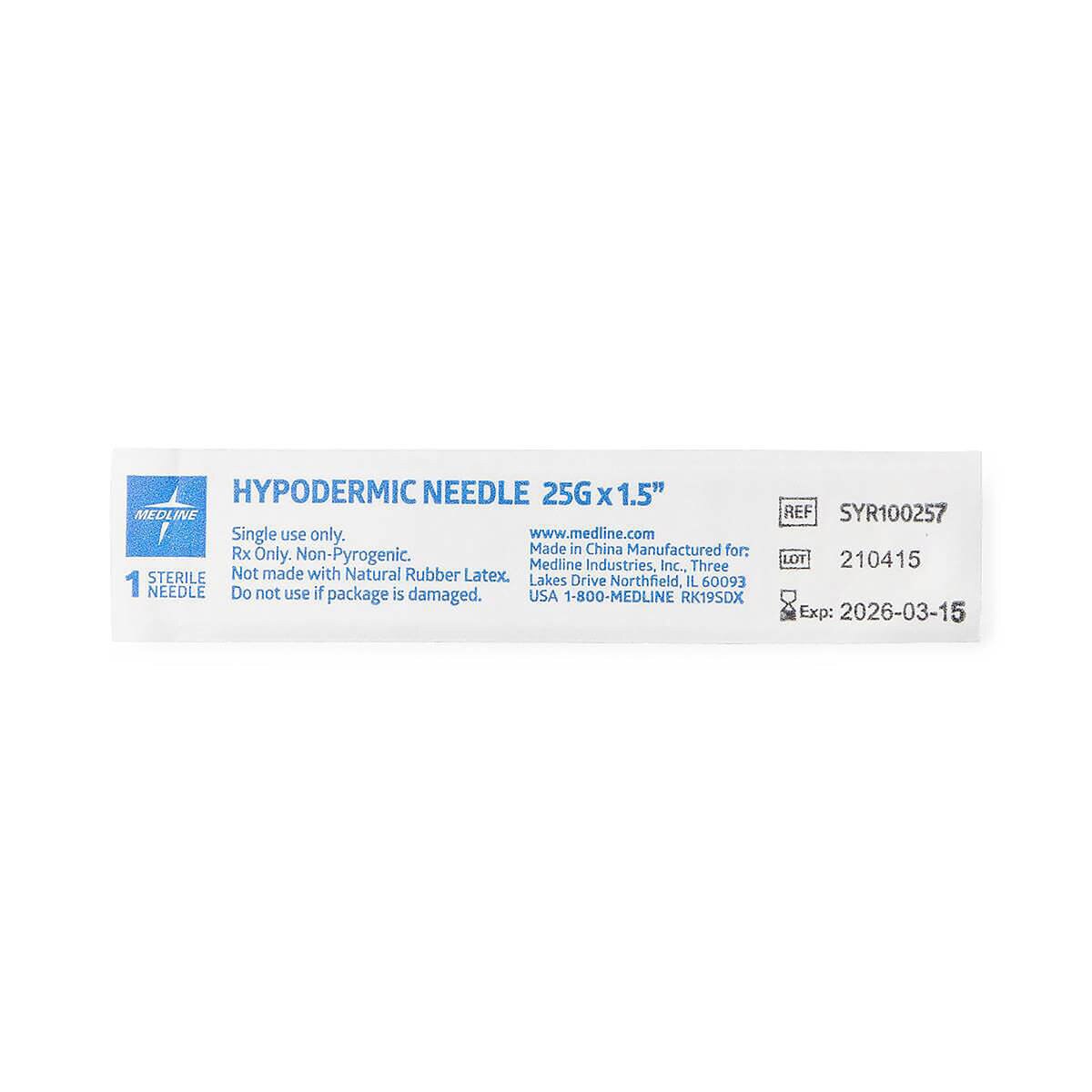 Individual sterile package for a Medline 25 G × 1 1/2-inch standard hypodermic needle