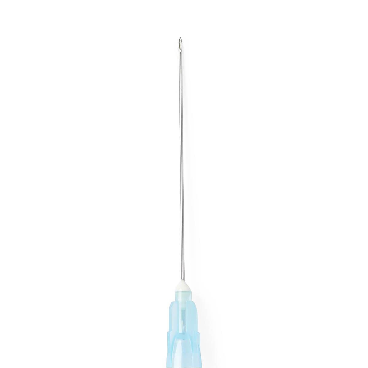 Close-up views of the Medline 25 G × 1 1/2-inch hypodermic needle, regular bevel and light blue hub
