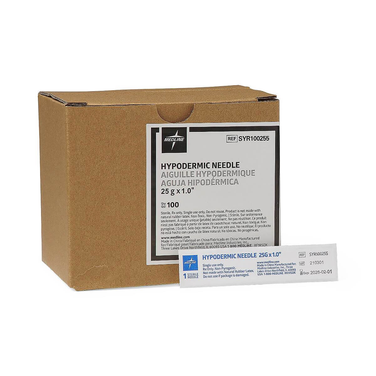 Medline 25 G × 1-inch standard hypodermic needle box with an individual sterile needle package