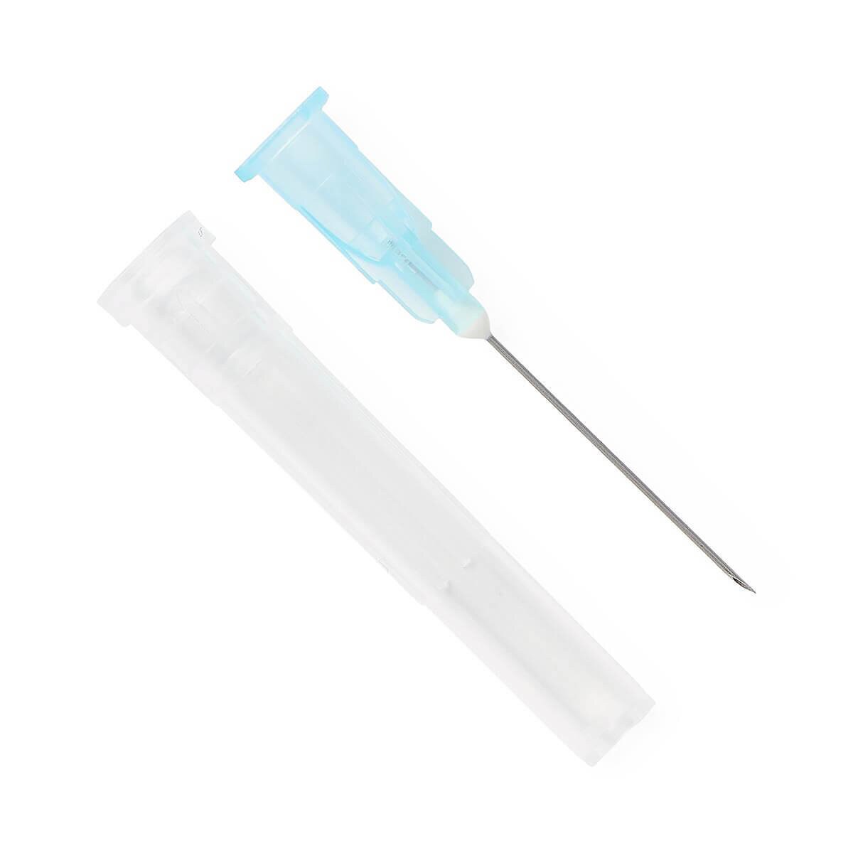 Medline 25 G × 1-inch hypodermic needle with light blue hub displayed beside its clear protective cap