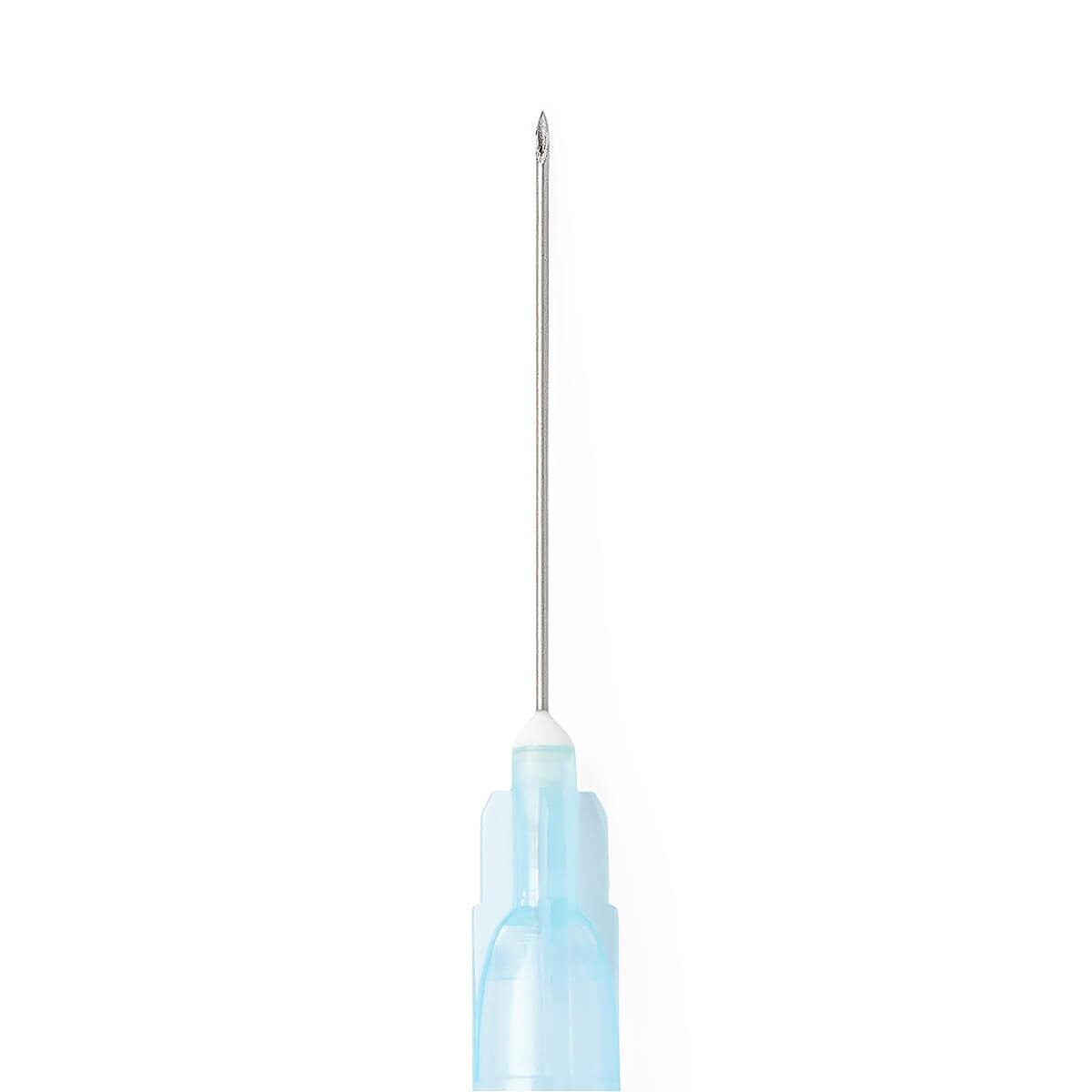 Front close-up of a Medline 25 G × 1-inch hypodermic needle with regular bevel and light blue hub