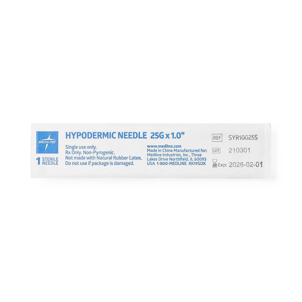 Individual sterile package for a Medline 25 G × 1-inch standard hypodermic needle