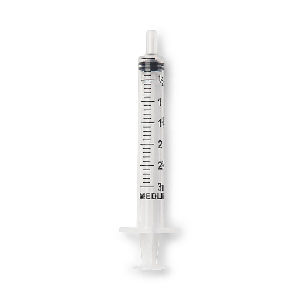 Medline 3 mL Luer-slip syringe with clear barrel, dual-scale graduated markings and extended plunger