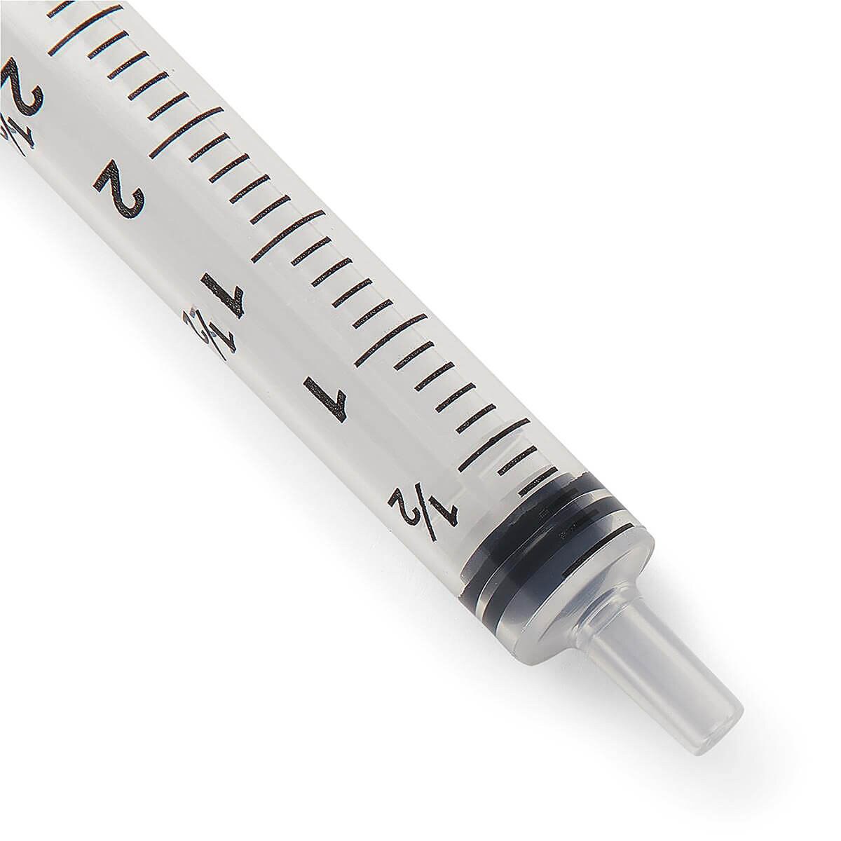 Close-up of the Medline 3 mL syringe barrel, black graduations and Luer-slip tip