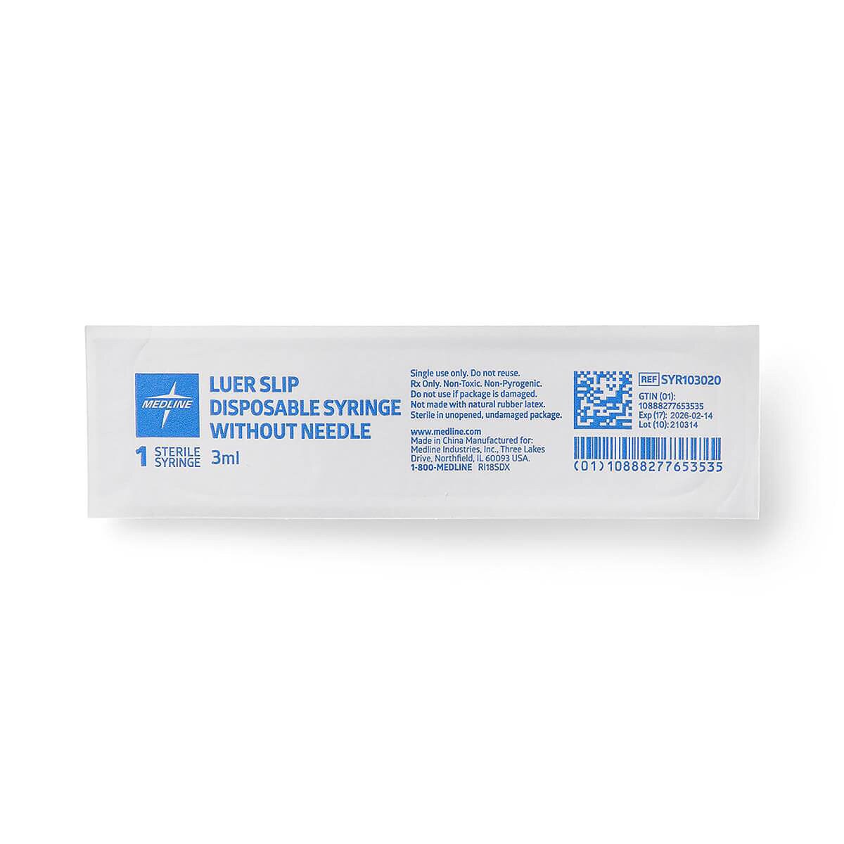 Medline 3 mL Luer-slip syringe in individual sterile peel-pouch packaging